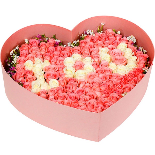 无悔的爱-99支精品混色玫瑰，搭配适量粉色石竹梅、白色石竹梅，粉色心形盒子包装