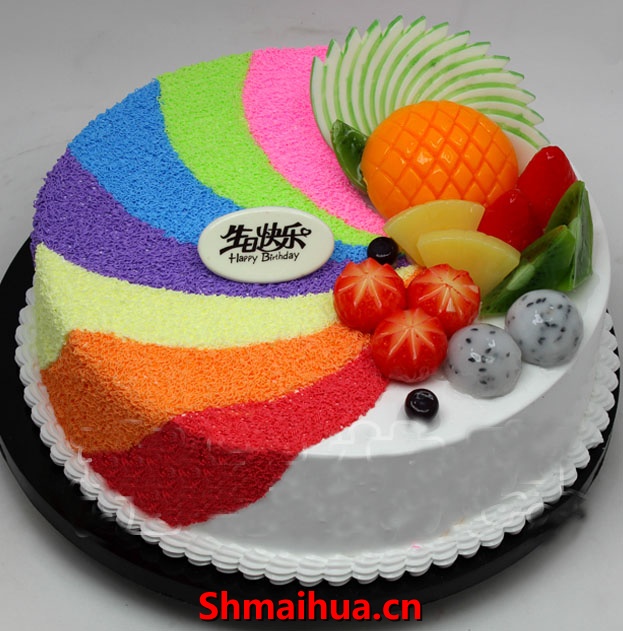多彩生活-8寸 水果蛋糕，彩虹图案创意蛋糕